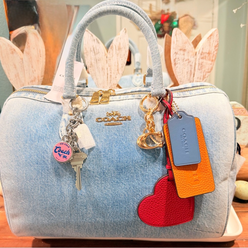 Coach Rowan LARGE Satchel Bag in LOVED denim with CHARMS 💗 NWT